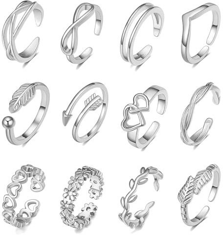 12PCS Silver Adjustable Open Rings Valentine's Day Set for Women Girls Small Stackable Toe Ring Sterling 925 Thumb Finger Jewelry Heart Flower Summer Beach Party Foot Birthday Friendship Gifts