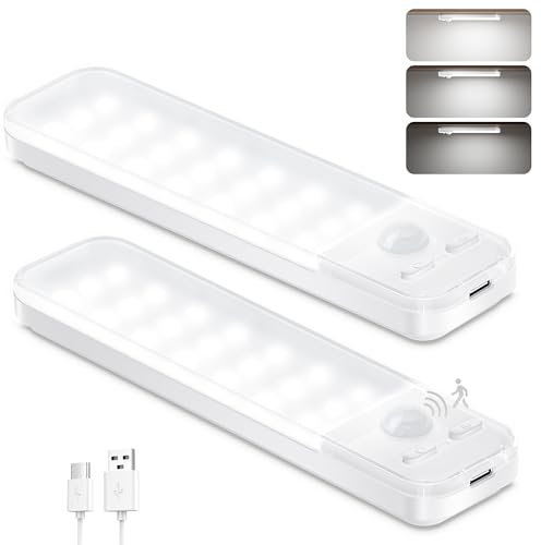 Ylatoial Under Cupboard Kitchen Lights, 2 Pack Cold White 1000mAh Dimmable Rechargeable Magnetic LED Motion Sensor Lights Indoor for Wardrobe Cabinet Shelf