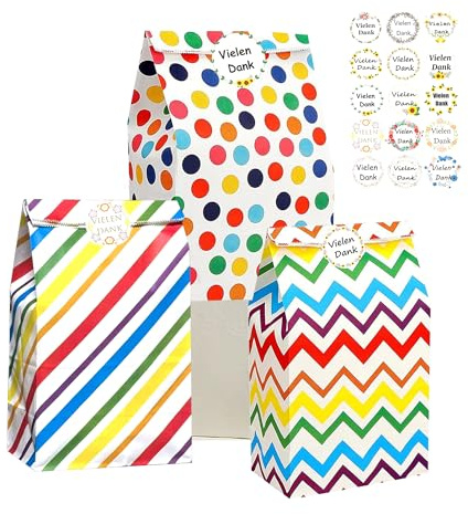Pack of 30 Paper Bags, Multiple Styles Gift Bags Children's Birthday Party with 15 Stickers(Auf Deutsch), 24 x 13 x 8 cm Colour Bags Paper for Children's Birthdays, Weddings, Celebrations