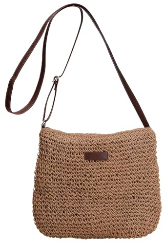 GWAWG Women's Straw Crossbody Bag with Leather Tag, Boho Woven Raffia Handbag,29x23x6cm,Lightweight Summer Beach Holiday Shoulder Bag,Zip Closure,Brown