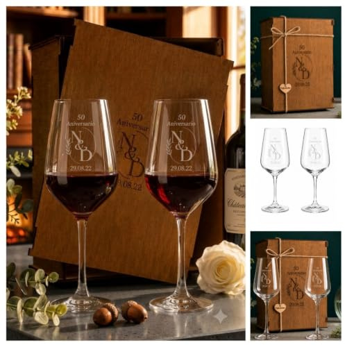 Olesea Copas de vino personalizadas|Regalo para novios y bodas|Aniversarios cumpleaños|Estuche premium incluido|Grabadas|Hombre Mujer Pareja|Bodas de Oro