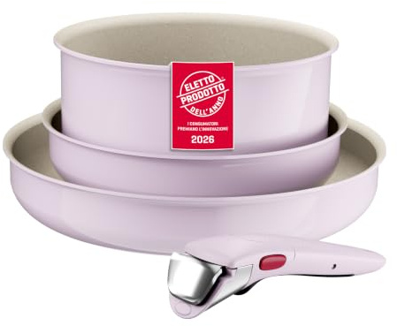Lagostina Ingenio Pastel, Set di Padelle Antiaderenti 4 Pezzi con Manico Rimovibile, Compatibili con Induzione e Forno, Design Salvaspazio, Colore Rosa