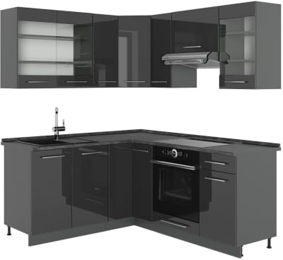 Vicco Eckküche Fame-Line, Anthrazit Hochglanz/Anthrazit, 190 x 160 cm | 10 Module · Höhenverstellbare Füße · AP Anthrazit inkl. · MDF-Fronten · Softclose · Metallgriffe