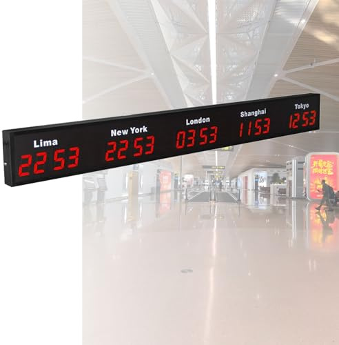 Orologio da parete digitale a LED mondiale, grande orologio digitale mondiale, orologio mondiale con fuso orario 3/4/5 montato a parete per hotel, aziende multinazionali e aeroporti Red-5City