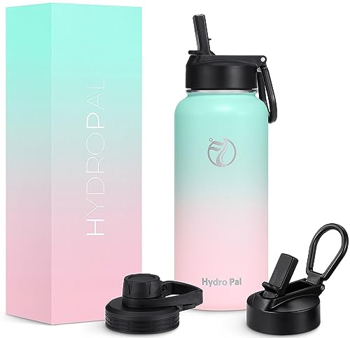 HydroPal Termo de 1900 ml (1,9 L), acero inoxidable, sin BPA, 24 h frío/12 h caliente, a prueba de fugas, botella deportiva y botella con pajita y 2 tapas (pajita + boquilla), antideslizante, para