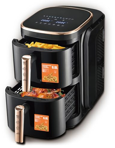 Friggitrice ad aria con doppio cestello, grande capacità da 12 litri per famiglie numerose, 2 livelli di cottura, design verticale salvaspazio, per friggere, cuocere al forno e arrostire