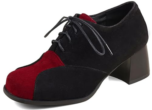 Tvåfärgade mockaskor för kvinnor vintage brittisk stil fyrkantig tå block häl snörning klänning pumps för dagliga och vardagskläder, Svart, 40 EU