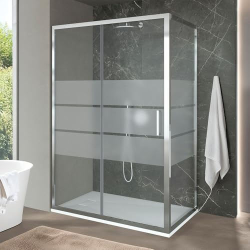 Box Doccia Angolare 80x150 Cm (H 200) Porta Fissa + Scorrevole Vetro Serigrafato 6 Mm Per Privacy Profili Cromati Linea Ted