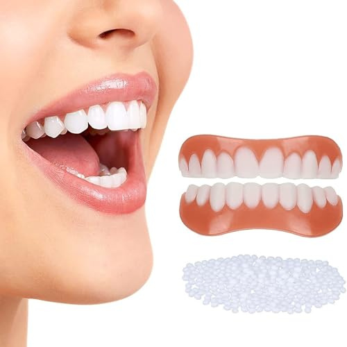 2 Paia Faccette Denti Sorrisi Cosmetici, Sicuro e Confortevole Dente Provvisorio Superiore e Inferiore con Perline di Riparazione per Uomini e Donne La Riparazione Temporanea di Problemi Dentali