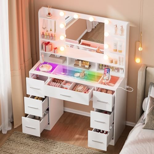 SOLCRESTIA Coiffeuse Lumineuse avec Miroir LED, Table de Maquillage Moderne, Station de Chargement USB, Rangements Réglables, Plateau en Verre, Éclairage 3 Températures