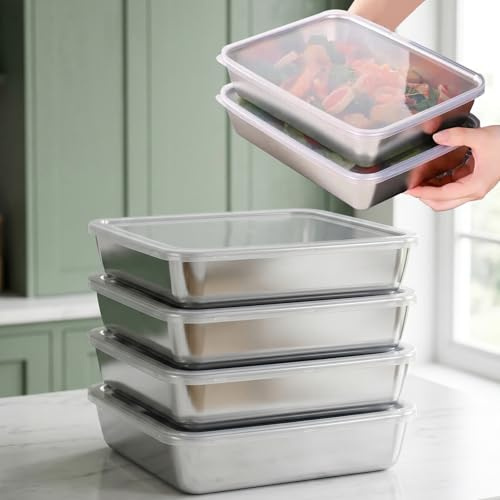 Vauxe 4 Pack 304 Stainless Steel Food Containers, Airtight Food Storage Containers with Lids, Large Meal Prep Containers 2.5L, Oven Safe and Dishwasher Safe, Stackable Fridge Lunch Boxes BPA Free