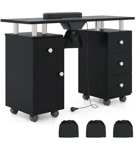 RELAX4LIFE Nageltisch, Manikürtisch mit Staubabsaugung, Handauflage & 3 Staubbeuteln, Nagel Tisch mit Schrank & 4 Schubladen, Maniküretisch mit abschließen Rollen für Nagelstudio & Maniküre (Schwarz)
