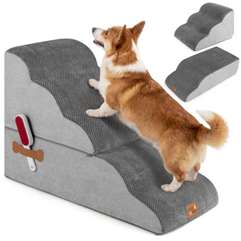 COSTWAY Dog Steps for Bed, 4/5-Step Modular Dog Stairs with Non-slip Bottom, Washable Cover, Lint Roller, High Density Foam Pet Ramp Ladder for Small to Large Dogs Cats (5)