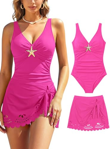 SHEKINI Women's 2 Piece Swimming Costume Tummy Control Ruched Swimsuit for Women V Neck Cross Swimwear with Swim Skirt, Pink-Medium
