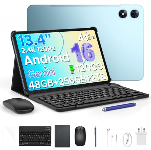 Easerush P13 Pro Tablet 13.4 Pulgadas, 2.4K 120Hz, Tablet Android 16 con Gemini AI, 48GB RAM + 256GB ROM, 12000mAh, Unisoc T7280 Octa-Core, 16MP + 8MP, WiFi 5G, 4G LTE, Tablet con Tarjeta SIM, Azul
