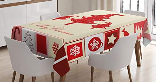 ABAKUHAUS Natale Tovaglia, Alberi Candy Stars, Rettangolare per Sala da Pranzo e Cucina, 140 x 240 cm, Vermilion avorio rosa brillante