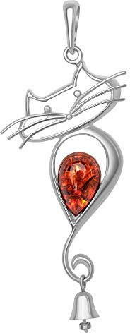 ANDANTE Premium Collection - Echter OSTSEE Bernstein Kettenanhänger in 925 Sterling Silber ** Katze mit Glocke ** Zertifiziert - Gold des MEERES - Farbe COGNAC