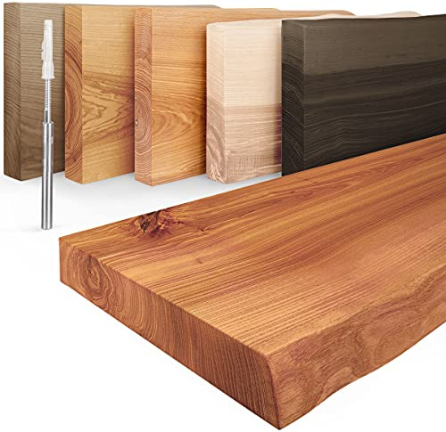 LAMO Manufaktur vägghylla, trähylla med en naturlig kant, bedrövad, med 2 stöd, Mörk Aska 80cm, LW-01-A-004-80W