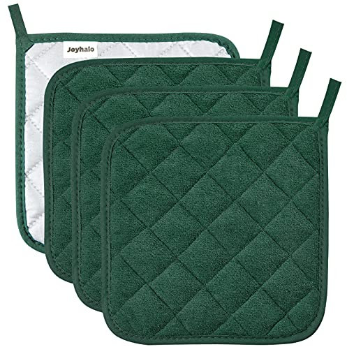 Joyhalo Confezione da 4 presine per cucina, in cotone, con grande resistenza al calore, cuscinetti antiscivolo per cucina, verde scuro