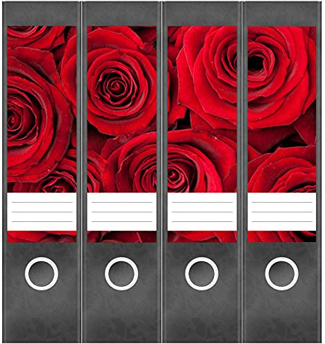 Etiketten für Ordner | Rote Rosen | 4 breite Aufkleber für Ordnerrücken | Selbstklebende Design Ordneretiketten Rückenschilder