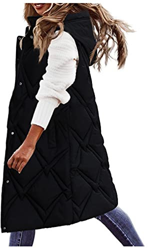 HHMY Chaleco sin mangas con capucha acolchado, abrigo de invierno cálido, para exterior, chaqueta de invierno, elegante chaqueta de entretiempo, chaleco de plumón, de algodón, L - 4XL, Negro , XXXXL