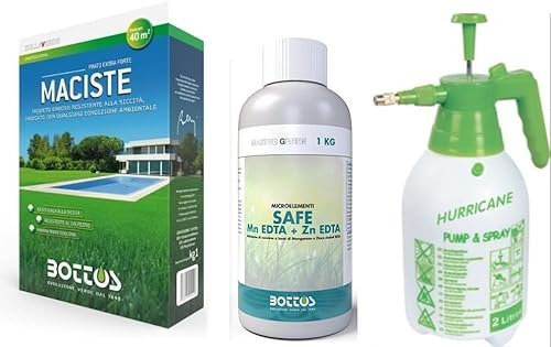 Maciste, Sementi per tappeto erboso ideale per zone aride 1Kg (40mq) + Concime Liquido Safe 1 kg Resistenza alle malattie fungine del Prato con Zinco e Manganese,Bottos con Pompa Nebulizzatore da 2L