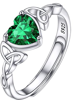 PROSILVER Adjustable 925 Sterling Silver Ring for Women Heart Solitaire Cubic Zirconia May Emerald Green Birthstone Open Thumb Rings, Celtic Jewellery for Ladies Girls with Gift Box
