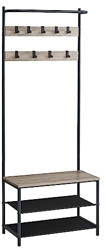 VASAGLE Perchero Zapatero, Perchero Recibidor, con Banco Zapatero, 9 Ganchos Extraíbles, Barra Superior, 32,2 x 64 x 180 cm, Entrada Dormitorio, Industrial, Greige y Negro HSR411B02