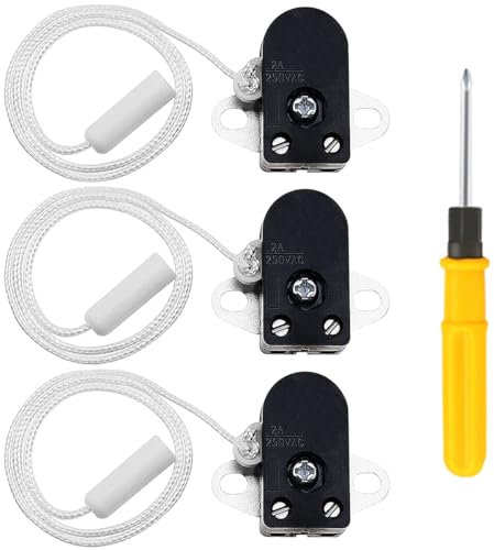 Acmerota 3Pcs Recessed Cord Switch 2A 250V AC On-Off Pull Chain Cord Switch Side Action Mini Pull Switches for Bathroom Pendant Lights Wall Lamp with Screwdriver