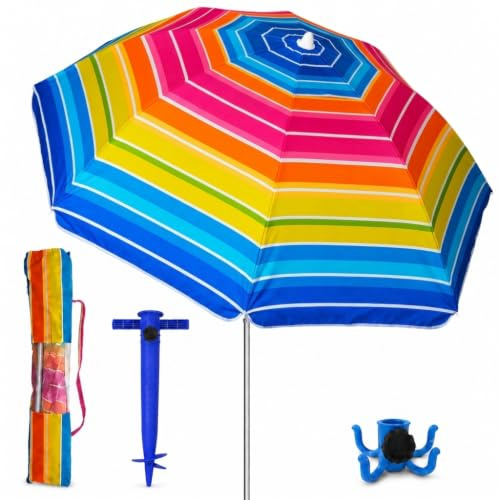 Pincho Großer Strandschirm, 200 cm, winddicht bis 35 km/h, UV-Schutz 50+, Aluminium, 8 + 8 Faserstangen, Fenster oben, neigbar, leicht, einfache Installation in Sand, Tragetasche, Farbton4, groß