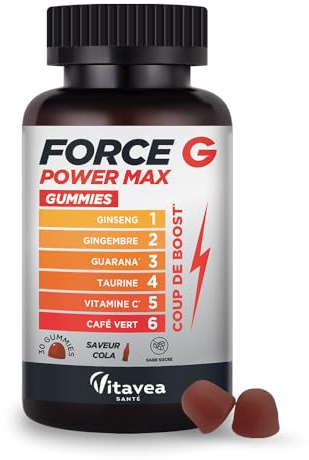 Vitavea Santé - Force G Power Max Gummies - Ginseng Guarana - 30 gummies | Vivacité Mentale & Réduction Fatigue - Vitamine B2 Métabolisme Energétique - Gummies Cola Sans Sucres - Fabriqué en France