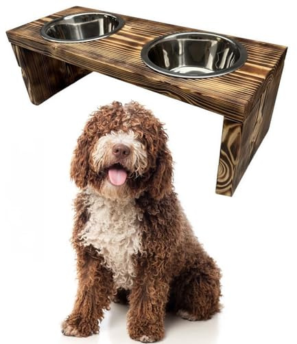 Futterstation Doppelnapf Pet Diner Holz Ständer Hundenapf Katzennapf Hundebar Futterbar handgefertigt 50 x 19,5 x 17,5 cm 0,9 L