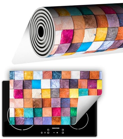 TMK ArtDeko Copri Piano Cottura 90x52 cm Coprifornelli Tappetino per Induzione Fornello Tutto per la Cucina, Tappeto di protezione per fornelli in vinile, Mosaico di legno multicolore