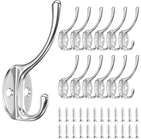 Newaner 12 stycken klädhängare, vintage metall väggkrok med 24 svankilskruvar krok morgonrock väggkrokar för badrum sovrum dörr (silver)