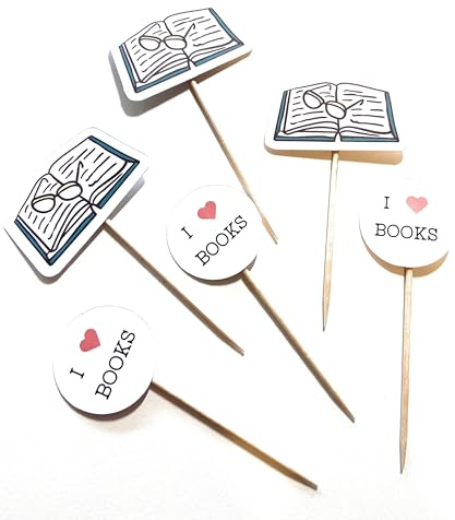 Book cake toppers, World Book Day decorations, 12 spectacles and books reading and food flag pick sticks, books with faces