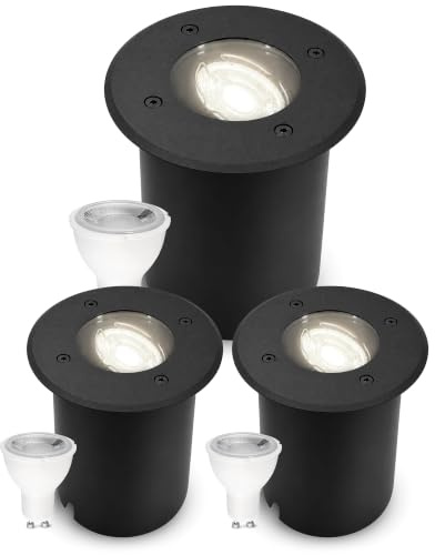 SSC-LUXon JUAVI Bodeneinbauleuchte 3er Set rund IP67 GU10 7W neutralweiß | Drei befahrbare Bodenstrahler bis 2000kg - schwenkbar & dimmbar, neutralweiß, für Garten & Wege, IP67, inkl. GU10 LED