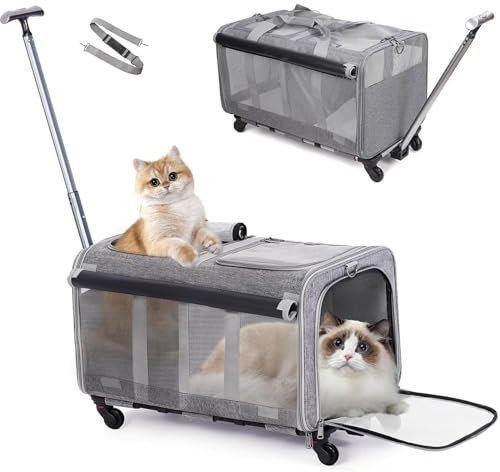 Sac De Transport pour Chien/2 Chat À roulettes Sac À Dos pour Animaux De Compagnie Chiens Chats Trolley Et Chariot De Voyage Respirant avec Poignée Au Manche Télescopique