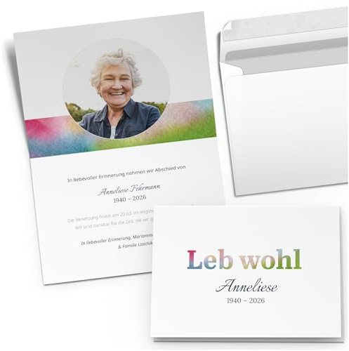 10x Einladung Beerdigung und Trauerfeier personalisiert | individualisiert mit Text Foto und Umschlägen Klappkarte stilvoll hochwertig Karten Regenbogen bunt modern fröhlich