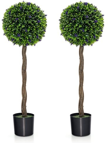 COSTWAY 114cm/3.7ft Artificial Boxwood Topiary Tree, Fake Lavender Topiary Ball Plant with Flowers, Decorative Greenery Faux Plants in Nursery Pot for Indoor Outdoor (2)