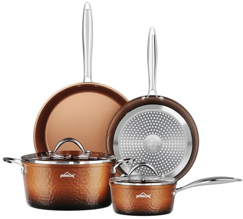 HOMELUX Set di Pentole e Padelle Induzione, Batteria Antiaderente Pentole in Rame 6 Pezzi, con Coperchi, Pentole Induzione Forgiate, Per Tutti i Piani Cottura, Senza pfoa e ptfe