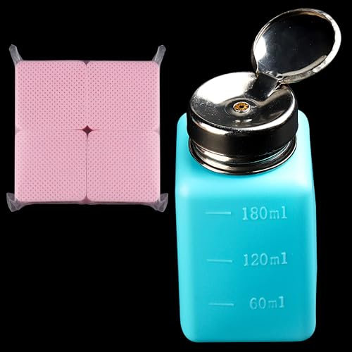 FSpronail Pump flaskdispenser 180 ml nagellacksborttagare pump metall push down-pumpdispenser 200 st luddfria nageltorkdukar alkoholdispenser ögonmakeupborttagare pump tryck ner tom flaska – blå
