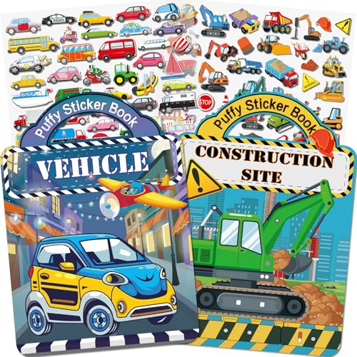 Elfew 2 Pack Puffy Sticker Books for Kids 2-4, Construction Truck and Vehicle Car Stickers for Toddlers Boys, 3D Reusable Stickers Books for Toddlers 1-3, Sticker Activity Books for Boys Party