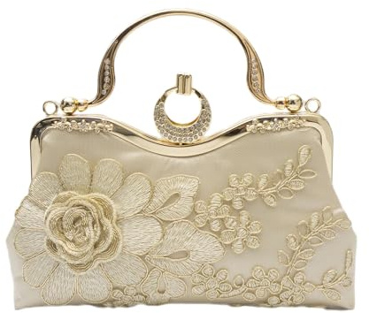 CORIOS Borsetta da Sera da Donna Clutch in Ricami Floreali Borsa Sposa Pochette Piccolo con Catena Elegante Borsa a Spalla Gorgeous Cerimonia Cocktail Ballo Festa Borsa a Tracolla Oro