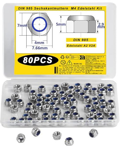 TA-VIGOR 80Pcs M4 Nylon Hex Lock Nuts, 304 Stainless Steel Nylon Insert Self-locking Nuts, Hexagon Threaded Nyloc Nut for Lock Washers Bolts Screws