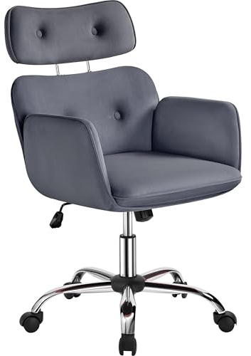 Yaheetech Silla de Oficina con Reposacabeza Silla Escritorio Ajustable Silla de Despacho Terciopelo con Reposabrazos Silla Tapizada Moderna Hogar Oficina Silla con Ruedas Giratorias Gris