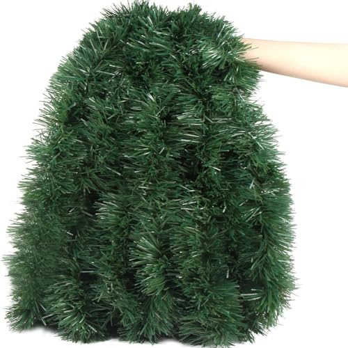 15M Green Christmas Chunky Tinsel Garland for Tree Decorations, Holiday Decor for Wall, Stair, Door, Fireplace, Outdoor Indoor (Green)