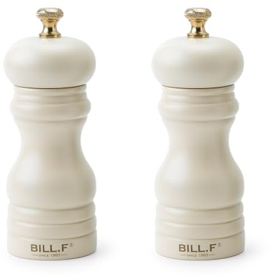 Bill.F Salt- och pepparkvarn, set med 2 manuella salt- och pepparkvarn, påfyllningsbar 12 cm med justerbar keramisk slipningsrotor (set med 2 krämer)