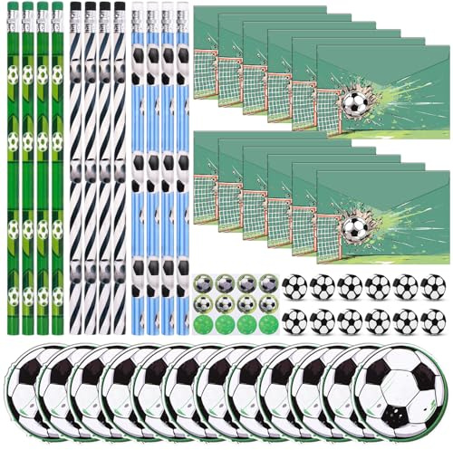 RNHDLY 48 Stück Mitgebsel Fussball Geburtstag 12 Fussball Einladungskarten Jungen 12 Fußball Umschläge 12 Fußball Bleistift und 12 Fußball Radiergummi für Fussballparty Kindergeburtstag