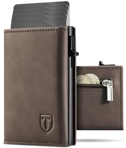 Tomylv Portafoglio Uomo, RFID Magnetica Portafoglio Uomo Slim, Porta Carte di Credito Uomo - ID Window, Tasca portamonete con cerniera, Scomparto per Banconota - Marrone