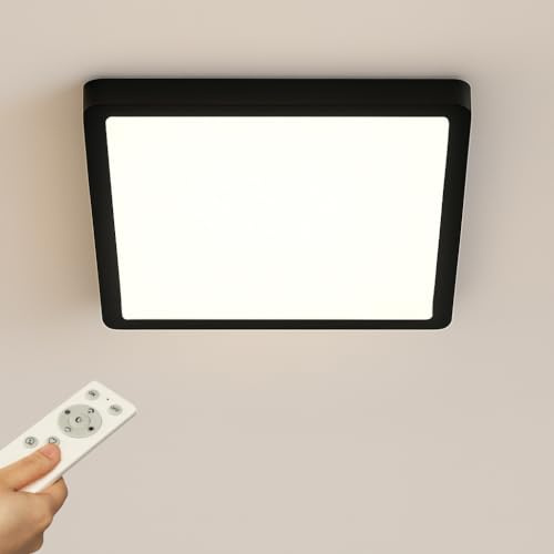 Epochglo LED Deckenleuchte Dimmbar mit Fernbedienung, Flach LED Panel 24 W, 2400 lm, Farbtemperatur 3000 K-6000 K, 30 cm Eckig Deckenlampe Schwarz für Schlafzimmer, Wohnzimmer, Badezimmer, Küche